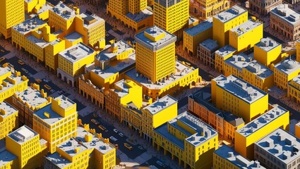  Isometric 3D Render of Yellow Buildings and City Streets – Aerial Urban View