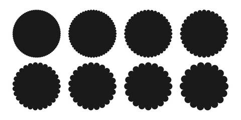 Set of Black Silhouette Circles shape with Scallop edge . Price tag, sale, discount offer Round frames sticker. Simple Abstract flower shape badge label icon button stamp. Design element