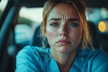 Work-life balance of healthcare worker. Tired nurse crying in car, going home after hard work day, doctor feeling exhausted, Generative AI