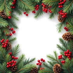 Fototapeta premium Christmas border with tree branches red berries and pine cones