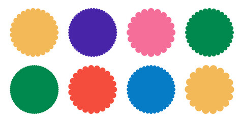 Scalloped edge Colorful circle sticker set. Abstract Playful Starburst flower shape. Empty promo Price discount Sale badge. Template for Kids design. Vector illustration