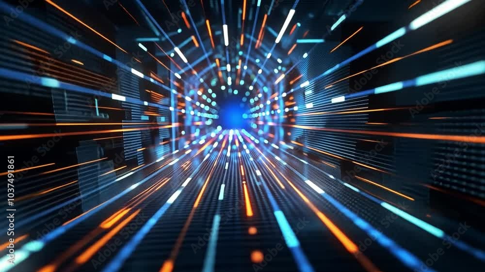 Poster This artwork illustrates an abstract representation of a digital tunnel, where colorful lines and luminous dots create a sense of rapid movement and energy, evoking the essence of data transmission.