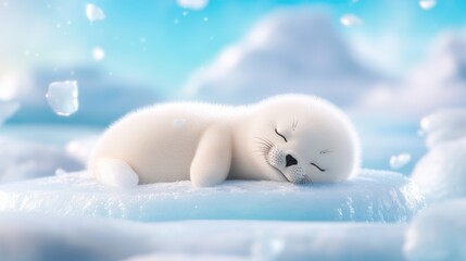 Fototapeta premium Cute Baby Seal Sleeping Peacefully on Ice