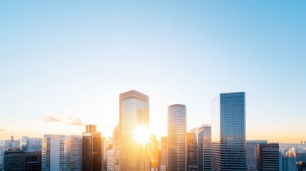 Fototapeta premium City skyline at sunrise, featuring modern skyscrapers illuminated by the sun, creating a vibrant and dynamic urban atmosphere.