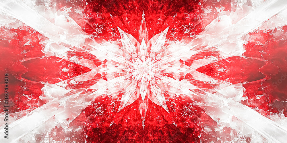 Poster red and white background with a flower in the middle. the flower is surrounded by a red and white pa