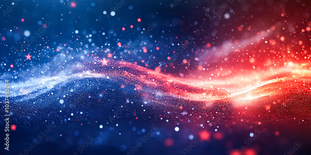 Poster blue and red wave of light with stars and red and blue dots. the blue and red colors are contrasting
