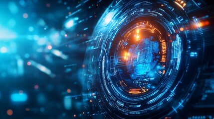 Abstract digital sphere with blue and orange glowing lights.