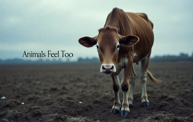 A calf stands alone on barren ground under a cloudy sky, looking directly at the camera. The text "Animals Feel Too" highlights the importance of recognizing animals' emotions and welfare.