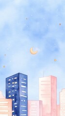 A serene watercolor cityscape featuring buildings against a soft blue sky, highlighted by a crescent moon and twinkling stars.
