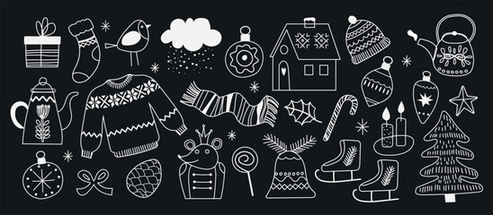 Merry christmas and happy new year cute doodle element background. Hand drawn design with christmas bauble ball, hat, sock, skates, Christmas tree decorations. Illustration for banner, wallpaper, deco