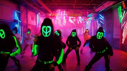 A group of dancers in neon masks and outfits perform a synchronized dance routine in a brightly neon lit underground space.