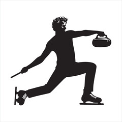 black flat color Curling sport male player with graffiti silhouette on white background
