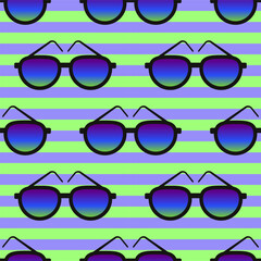 Bright sunglasses seamless pattern on striped background. Flat cartoon style vector illustration.