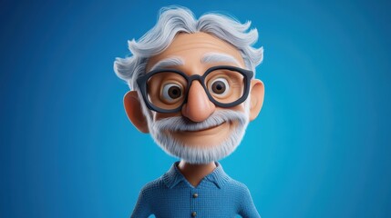 Customizable avatar of a unique personality virtual in a world. A cheerful elderly 3D cartoon man with gray hair, glasses, and a white beard, wearing a light blue shirt, smiling warmly.