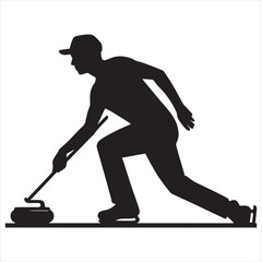 black flat color Curling sport male player with graffiti silhouette on white background
