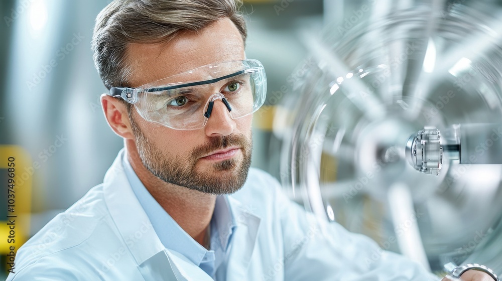 Poster middle-aged engineer in lab focusing on task