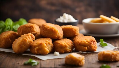 Golden Fried Chicken Nuggets with Dip on a Wooden Table