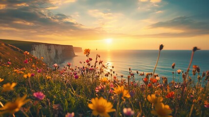 Coastal Sunset with Vibrant Wildflowers in View