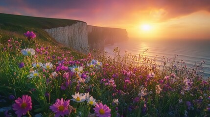 Obraz premium Serene Sunset Over Cliffs with Colorful Wildflowers