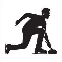 black flat color Curling sport male player with graffiti silhouette on white background
