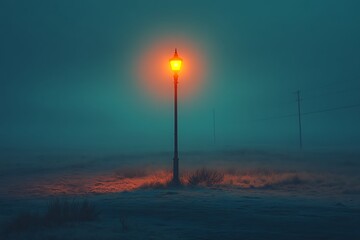 Obraz premium A lone lamp post illuminates the foggy winter night, casting an orange glow on the snow-covered ground.