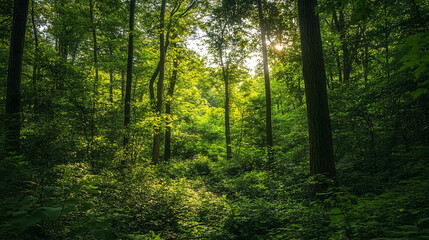Fototapeta premium A lush forest during summer, buzzing with life and vibrant colors.
