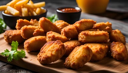 Crispy Chicken Nuggets on a Wooden Board
