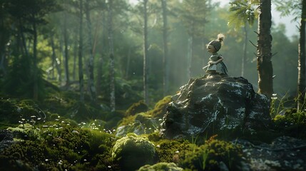 In the middle of a forest a doll perched on a boulder