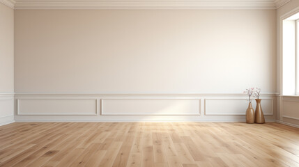 Fototapeta premium generated illustration of modern classic white interior blank wall with moldings, panelling, wood floor.