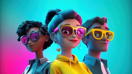 Customizable avatar of unique personalities in a virtual world. A trio of stylish animated characters wearing sunglasses, standing confidently in vibrant neon lighting with shades of blue and pink.