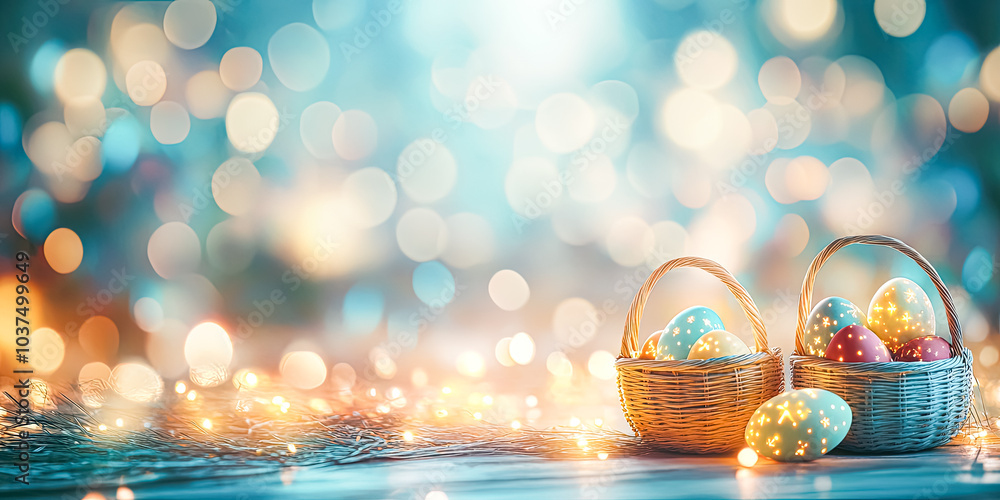 Poster basket of eggs is on a table with a blue background. the eggs are in two baskets, one on the left an