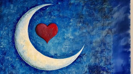 A painting of a white crescent moon and a red heart on a blue background