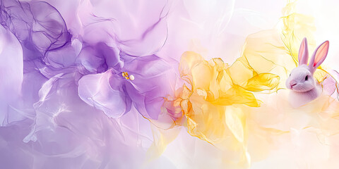 Rabbit is sitting on a yellow and purple background. The background is a mix of colors and has a flowy, dreamy feel to it