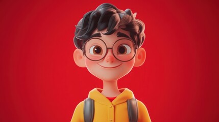 Customizable avatar of a unique personality virtual in a world. Animated boy with glasses and dark curly hair, wearing a yellow hoodie, smiling warmly against a bold red background.