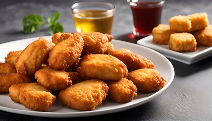 Golden Crispy Chicken Nuggets on White Plate