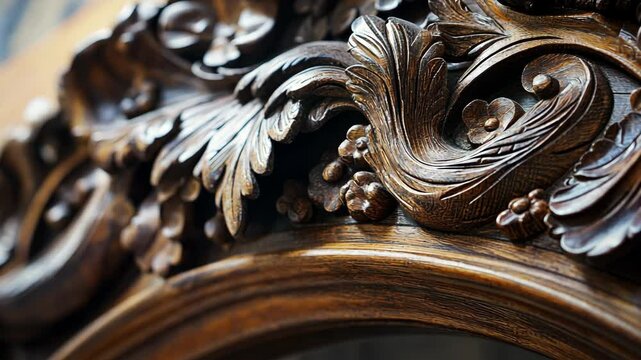 A close-up view of intricate wood carvings on a frame, showcasing the detailed craftsmanship of the artisan