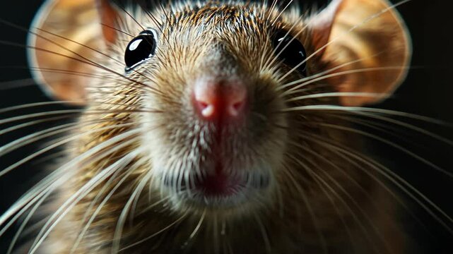 A close-up shot of a brown rat's face, taken in a dark setting, with its whiskers prominently displayed