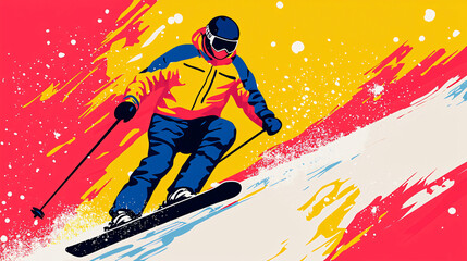 Dynamic and colorful illustration of a skier in action, boldly capturing the energy and excitement of skiing on a vibrant winter background.