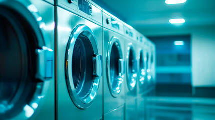 Row of washing machines in a modern laundry room, close-up..