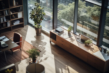 Fototapeta premium generated illustration of well-designed home office with plenty of natural light, a desk, and storage space.