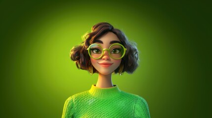 Customizable avatar of a unique personality virtual in a world. Animated woman with short wavy hair, green glasses, and a matching green sweater, smiling warmly against a bright green background.