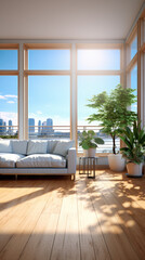 generated illustration of condo living room with big glass window cityscape view