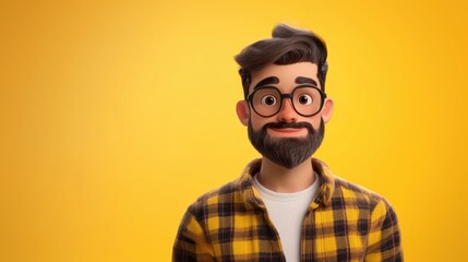 Obraz premium Customizable avatar of a unique personality virtual in a world. Animated man with glasses, a beard, and tousled hair, wearing a yellow plaid shirt, smiling warmly against a yellow background.