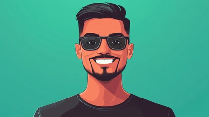 Fototapeta premium Customizable avatar of a unique personality virtual in a world. Animated man with a beard and sunglasses, wearing a black t-shirt, smiling confidently against a green background,.