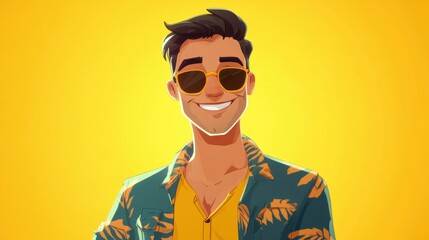 Customizable avatar of a unique personality virtual in a world. Animated man with sunglasses, a tropical shirt, and a big smile, standing confidently against a bright yellow background.