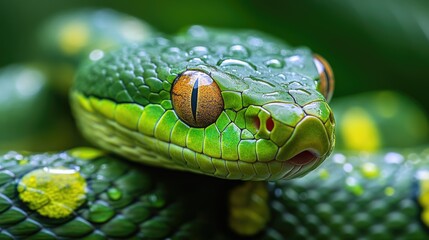 Fototapeta premium Green snake close-up. Tropical predator.