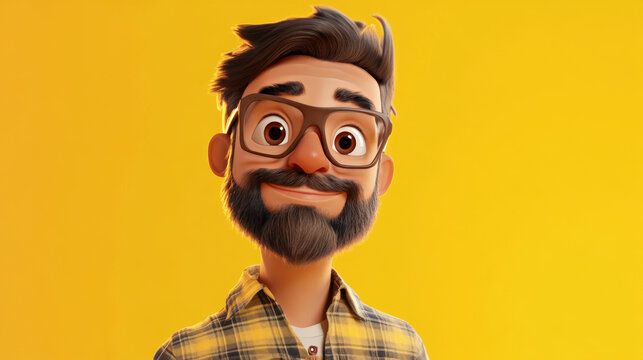 Customizable avatar of a unique personality virtual in a world. Animated man with a beard, glasses, and tousled hair, wearing a plaid shirt, smiling warmly against a bright yellow background.