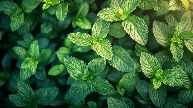 Lush green mint leaves growing in the sun