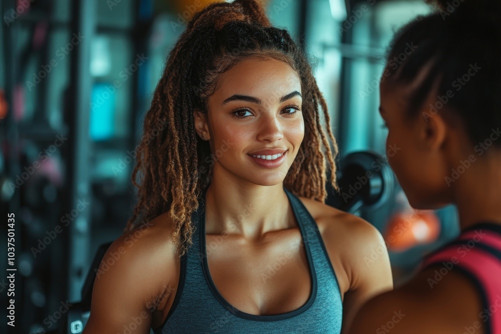 Wall mural personal trainer provides support to lady during exercise at seated cable row machine, woman doing w