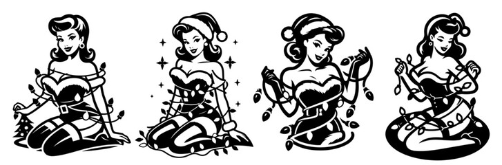 beauty pin-up girl illustration, adorable beautiful pinup woman model, comic book character, black shape silhouette vector christmas decoration Christmas holidays, Santa Claus